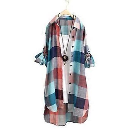 Dame Skjorte Plaid Print Kontrastfarve Uregelmæssig Kant Enkeltknappet Langærmet Revers Oversized Blød Åndbar Top (3XL multicolor)