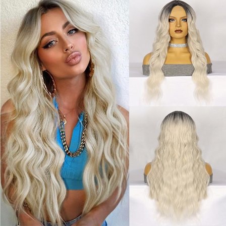 Peruk med blond gradient, långt lockigt hår