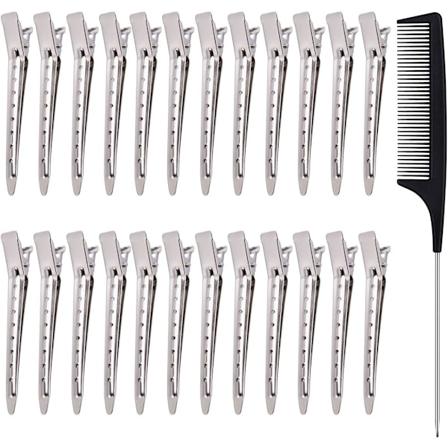 24 stk. Hårafsnitningsklemmer med Stylingkam, 3,5 tommer Andenæb Hårklemmer Metal Frisørkrølleklemmer Silver