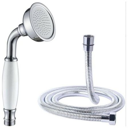 Duschhuvud Mässingsdusch med vitt handtag och slang (utan handduschhållare)