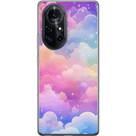 Kompatibelt Mobildeksel til Huawei nova 8 Pro Søt enhjørning med regnbuefarget hår mot en stjernebelagt pastellbakgrunn i kawaii-stil