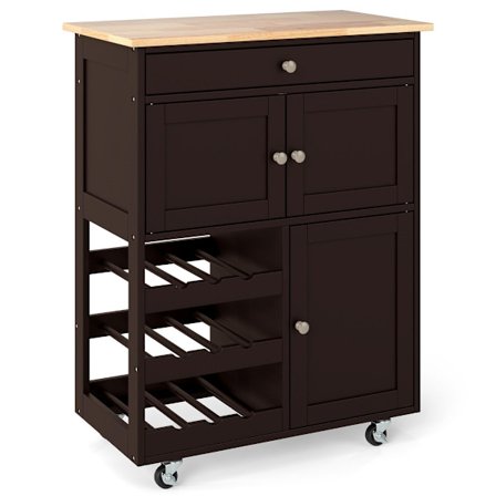 Køkkenvogn med skuffe, 3-lags vinreol, træplade