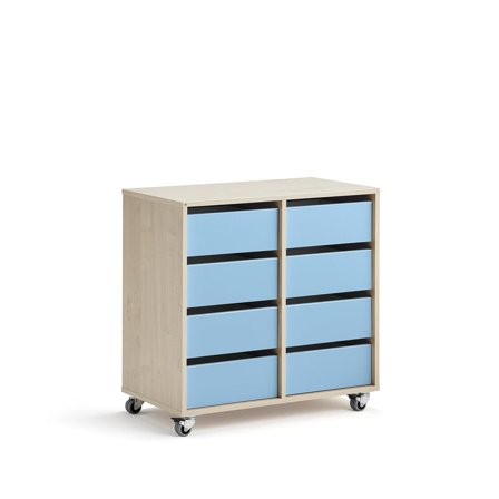 Elevförvaring CASPER, 8 lådor, hjul, björk, himmelsblå