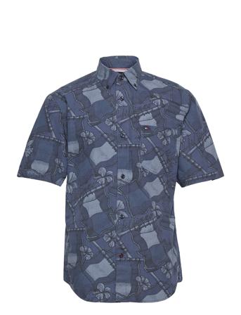 Casual Wavy Flag Print Shirt S/S Kortermet Skjorte Blå Tommy Hilfiger