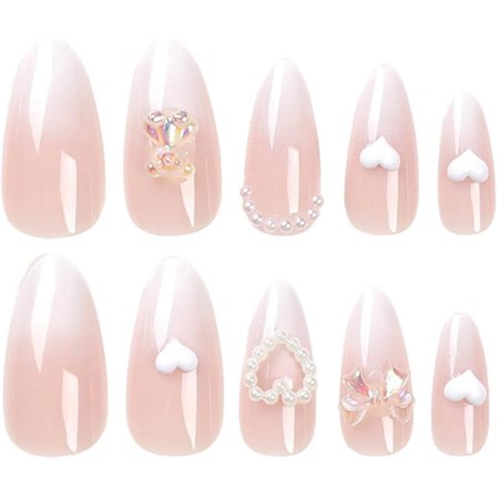24 stk. Lange Mandelformede Falske Negle, Nudde Pink Ombre Stick-on Negle Tryk på Negle Perler Smykker Dekoration Falske Negle