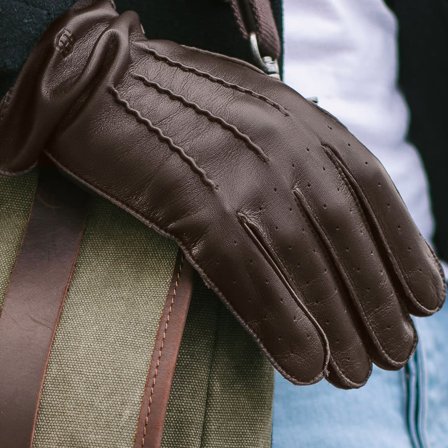 Cuffed Dark Brown Perforated Touchscreen Compatible Sheep leather Gloves for Men - Winter Gloves