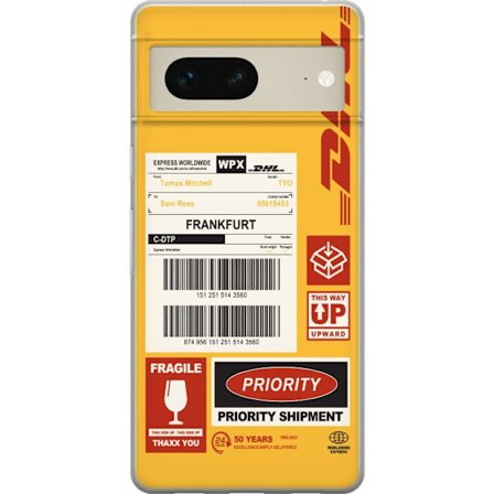 Yhteensopiva Puhelinkuori Google Pixel 7 DHL Express rahtietiketti suunnittelu viivakoodeilla, Frankfurt tekstillä ja logistiikkateema grafiikka täyd