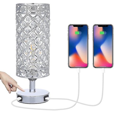 Touch Control Crystal Bedside Lamp With Dual Usb Port 3-way Dimmable Table Lamp