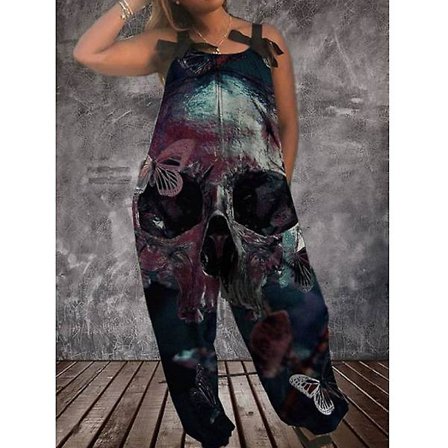 Halloweenoveraller för kvinnors printed jumpsuit Loose Fit Casual Playsuit Haklapp Overall Baggy Harem Byxor