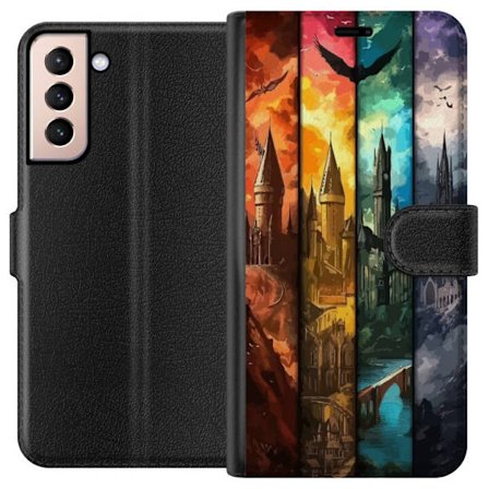 Kompatibel Tegnebogsetui til Samsung Samsung Galaxy S21 Fire magiske slotte i forskellige elementfarver, episk fantasykunst med ild vand luft og mørk