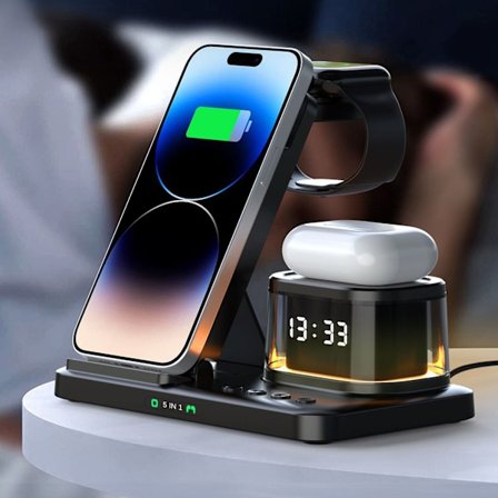5 i 1 Opladningsstation Ur Natlysfunktion Bærbar Trådløs Oplader til Mobiltelefon Ur Headset