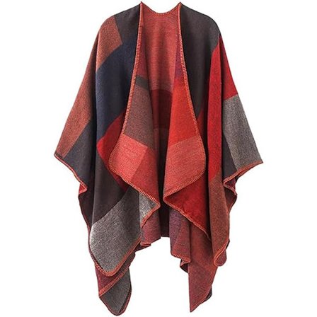 Werwing Dame Farveblok Sjal Wrap Åben Front Poncho Cape Oversized Afslappet Efterår Vinter Sweater Cardigan, Rød