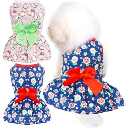 2-pack Klänning för små hundar, mjuk bomull, sommar, flicka, rolig blommig avokado, valp, prinsessklänning, söt rosett, hundklänningar (blå/rosa, S)