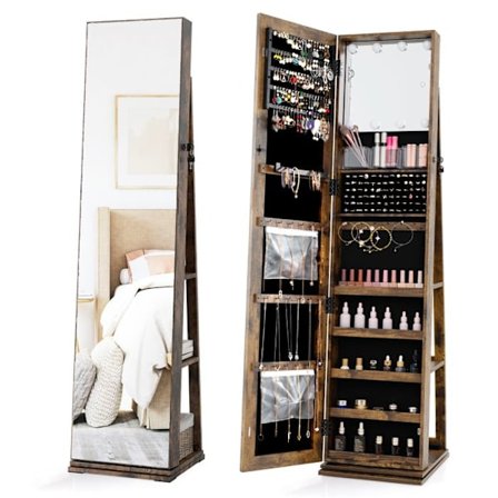 3 i 1 Dreje Skab til Smykker 360° COSTWAY, LED-lys, Hel-Længde Spejl, Bageste Hylder, Akryl Æske, Brun