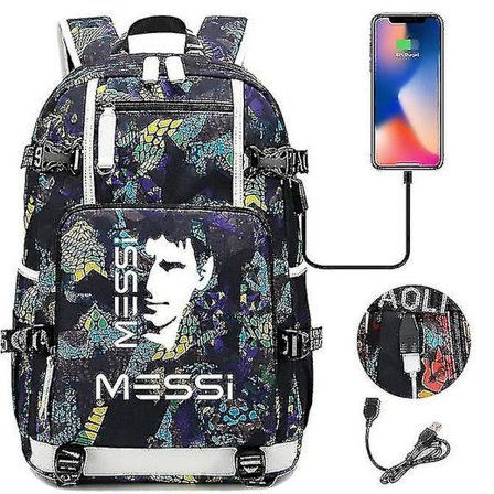 18 tum Messi USB 3D-tryck pojkar och flickors ryggsäck ungdomsstudent skolväska herr- och damfritidsreseryggsäck(T1)