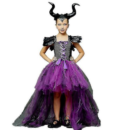 * Halloween Costume Maleficent Tutu Klänning För tjejer Cosplay Evil Queen Black Mesh Princess Dress Kids Crow Wand Maleficent
