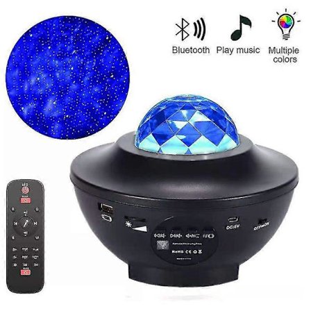 Stjerneklar Himmel Projektor Lampe, Vandmønster Laser Stemningslampe, Musik Bluetooth USB, Stjerneklar Himmel Soveværelse Sengelampe Natlampe, Sort