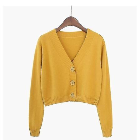 Stickad Crop Cardigan Dam Kort tröja Långärmad Yellow S