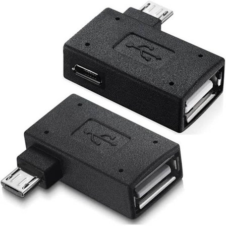 Micro USB OTG -sovitin USB-latausportilla, 90 asteen vasemmalle kulmaan ja Rig