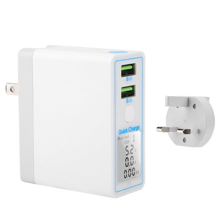 Dubbel USB-laddare Vit QC3.0 Laddning med LCD-skärm för telefon