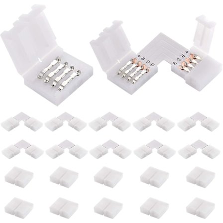 20 pålitliga kontakter för SMD5050 RGB LED-remsor. Inkluderat: 10 vinklade (L) och 10 raka kontakter (4 stift vardera)