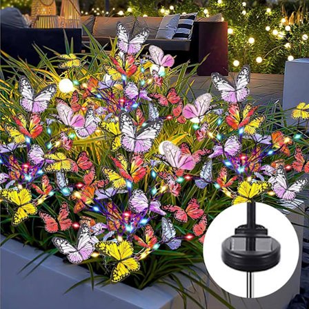 Sæt med 2 sommerfuglformede solcellehavelamper, 34 vandtætte dekorative LED'er, farveskiftende design, varmt lys til terrasse, gårdhave, indkørsel