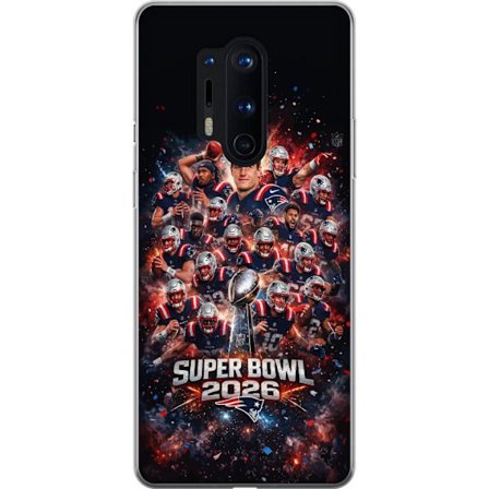 Kompatibelt Mobildeksel til OnePlus 8 Pro Super Bowl 2026 plakat med New England Patriots og NFL-trofe i eksplosiv sportsdesign