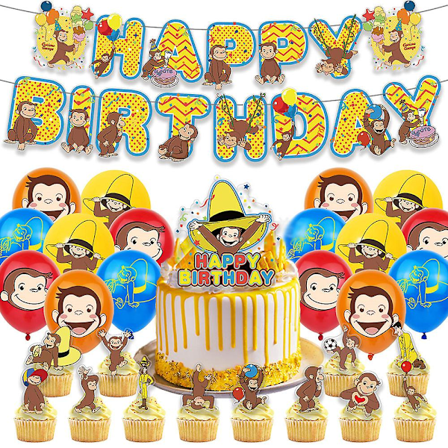 Nyfiken George Födelsedagsfest Dekorationer Tecknad Apa Festtillbehör Inkluderar Grattis på Födelsedagen Banner Ballonger Tårta & Muffinsdekorationer 