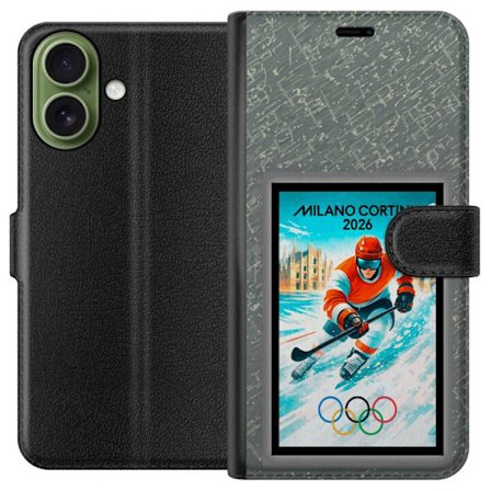 Yhteensopiva Lompakkokotelo Apple iPhone 17 Curlingkuvitus pelaajilla ja kivillä jäällä, Milano Cortina 2026, lumisia roiskeita ja olympiasormukset