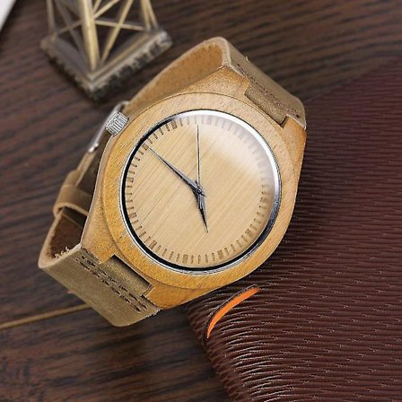 Herre armbåndsur i ekte lær med bambus tre