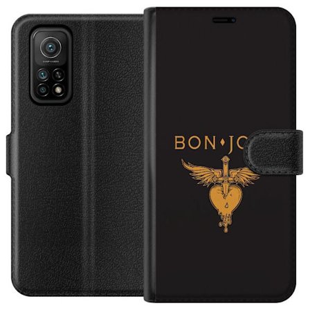 Kompatibelt Plånboksfodral till Xiaomi Xiaomi Mi 10T 5G Ikonisk musikillustration med bevingat hjärta och dolk i guldtoner på mörk bakgrund, kraft