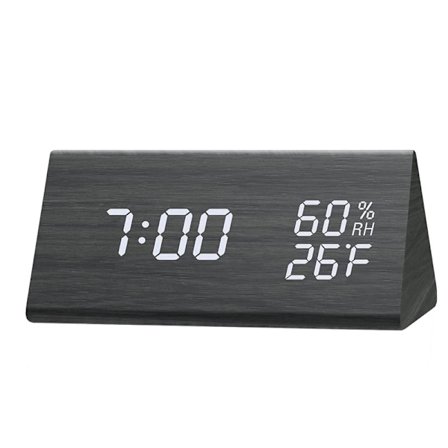 Digitalt vækkeur, med elektronisk LED-tidsvisning i træ, 3 alarmindstillinger, fugt- og temperaturdetektering (sort)