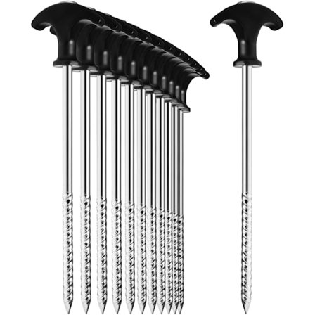 12 stål teltplugger - gjengede bakkeplugger for camping og utendørs - T-håndtak for normal og hardt underlag