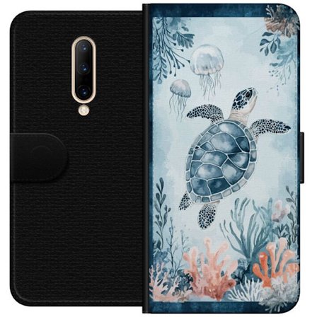 Yhteensopiva Lompakkokotelo OnePlus 7 Pro Akvarellimaalaus merikilpikonna korallien ja meduusojen joukossa rauhallisessa sinisessä vedenalaisessa maa