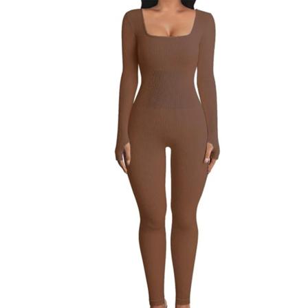 Yoga Fitness Bodysuit med ribbet firkantet hals Brun L brown L