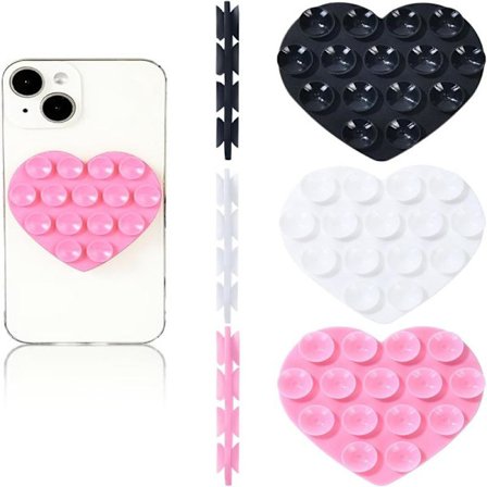 Stykke silikonebeskyttelsesetui, dobbeltsidet hjerteformet skridsikker sugekop, holder til håndfri mobiltilbehør.