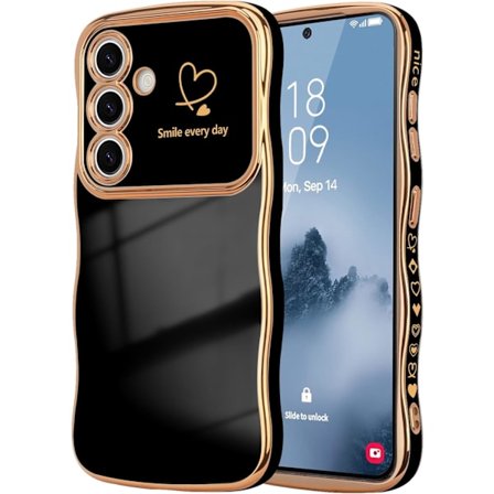 Samsung GaIaxy S24plus Cover til Kvinder Piger, Sød Bølge Ramme Krøllet Form med Kærlighedshjerte Hævet Kamerabeskyttelse Luksus Plati