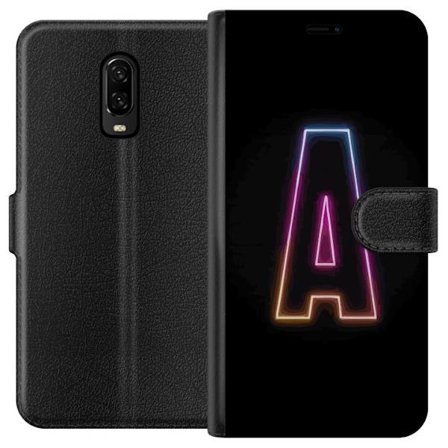 Kompatibel Tegnebogsetui til OnePlus OnePlus 6T Minimalistisk neonbogstav A i regnbuefarvet lys mod sort baggrund i moderne typografisk stil