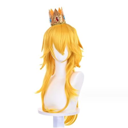 Gyllene vågig peruk för persika, blond lång lockig prinsessa Cosplay för Halloween Gold