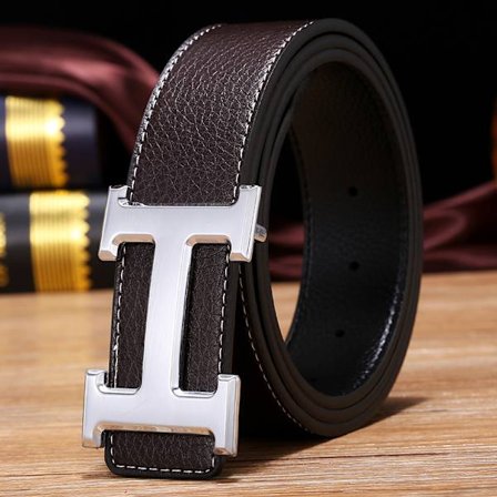 Ny business casual herrebelte i ekte skinn PU, H-formet flatt spenne med lychee-tekstur
