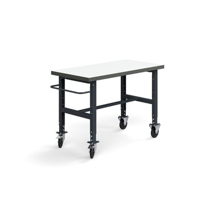 Arbeidsbord TRUST på hjul, L1500 B760 mm, 200 kg, høytrykkslaminat