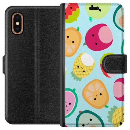 Kompatibel Tegnebogsetui til Apple iPhone XS Max Mønster af kawaii frugter som jordbær citron ananas og avocado på lyseblå baggrund