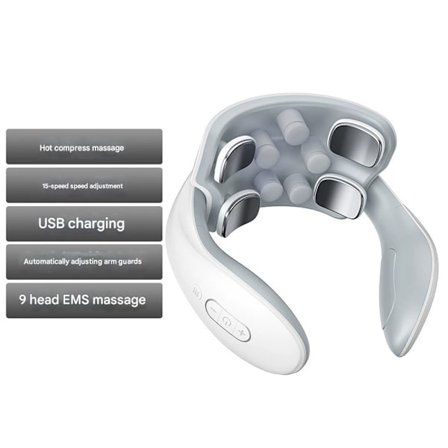 Uppvärmd nackmassageapparat USB-uppladdningsbar med djupvävnadspulsvågsteknologi, 6 lägen, 15 intensiteter & 9 huvuden
