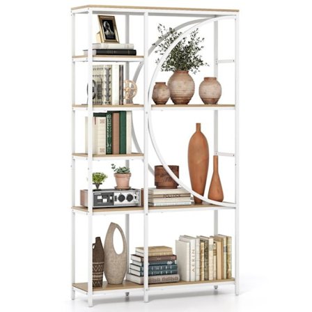COSTWAY 6-niveau bibliotek, fritstående hylde med åbne opbevaringsrum, buet design, metalramme, stue kontor, hvid