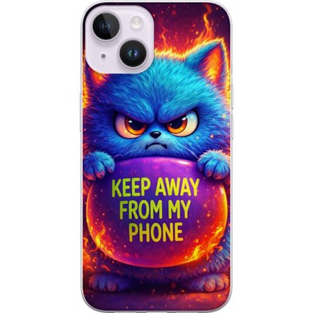 Kompatibel Mobilcover til Apple Apple iPhone 15 Plus Vred luvat blå kat med teksten "Hold dig væk fra min telefon" i neonfarver og ildlignende effek