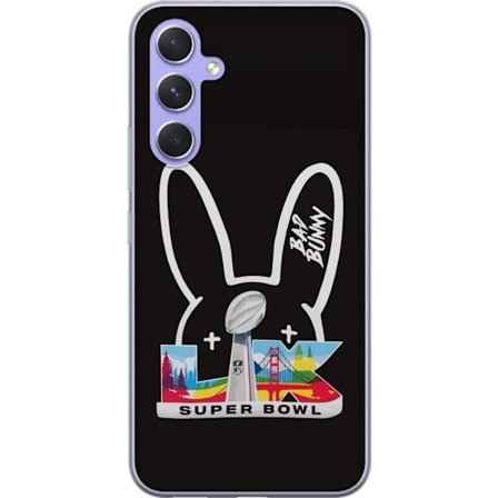 Kompatibel Mobilcover til Samsung Galaxy A54 Bad Bunny portræt med åben skjorte, tatoveringer og krøllet hår i stilfuld modefotografering