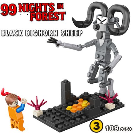 99 Nights in the Forest Monster Byggset | Karaktärsmodellblock | Kreativt monteringsleksak*3 Svart Storhornfår*