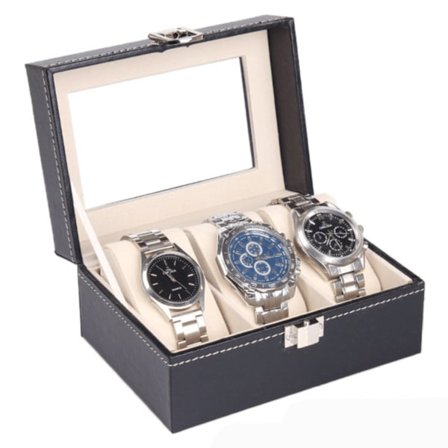 Urboks Urkasse til 3 ure sort med hvide syninger og vindue Sort