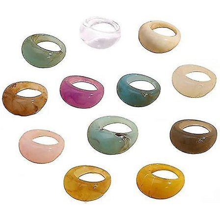 12 st färgglada ringar i resin och akryl - Chunky, trendiga smycken