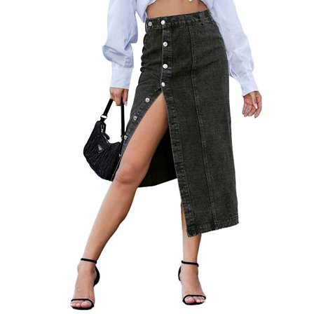 Dam Casual Split Denim Midi Jeans Kjol svart